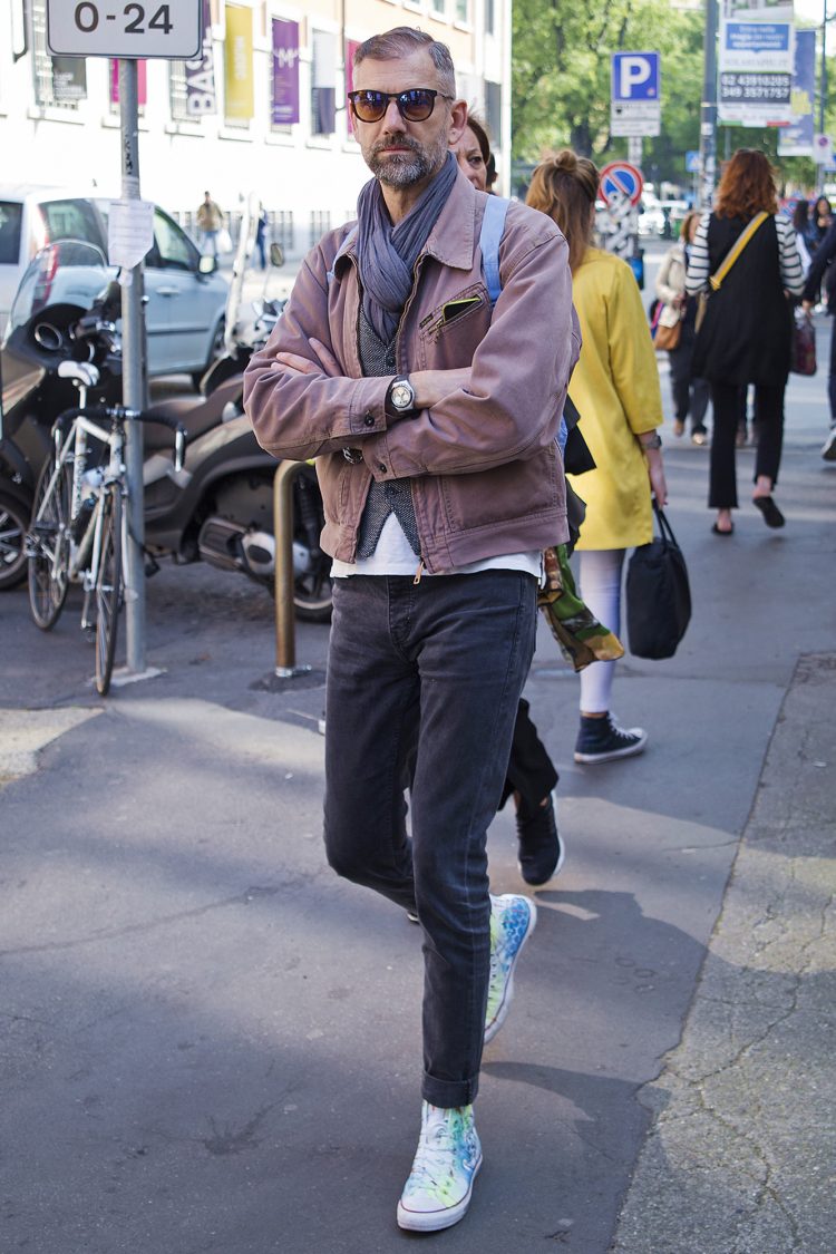 Black denim moderates the eccentricity of the sneakers.