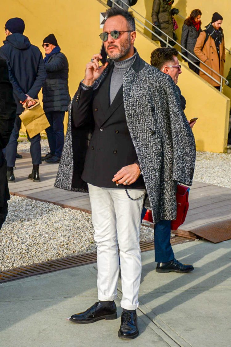 Monotone jackets coordinate with white pants