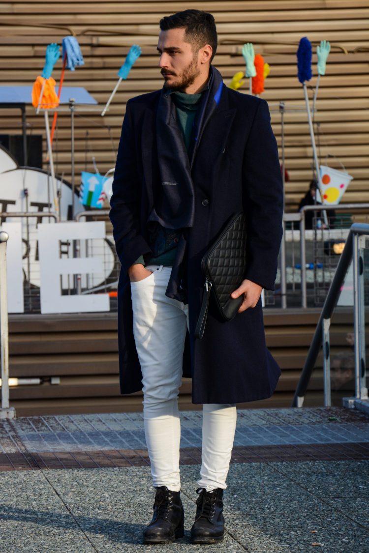 Men's winter coordinate spiced up with a bottle green turtleneck knit