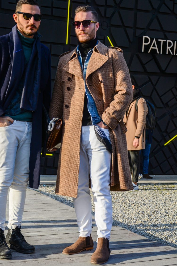 Men's coordinate with a black turtleneck knit to tighten up the outfit.