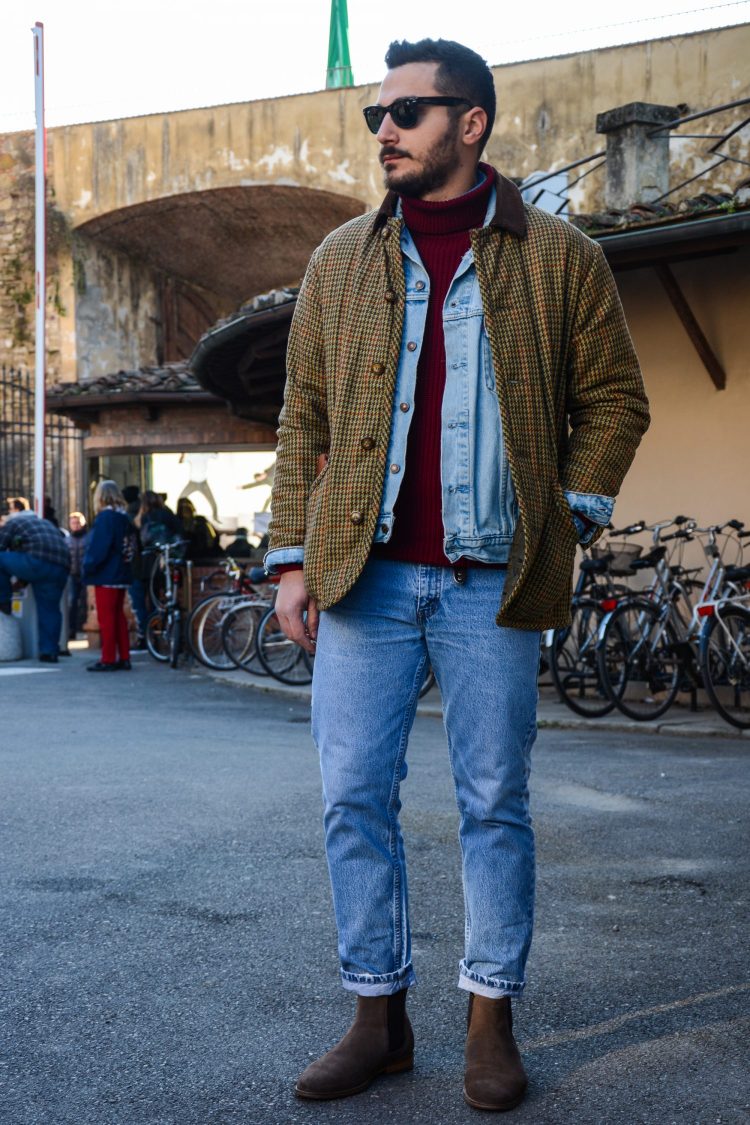 A wintery layered coordinate with a turtleneck knit adding a touch of class to the rugged denim-on-denim style