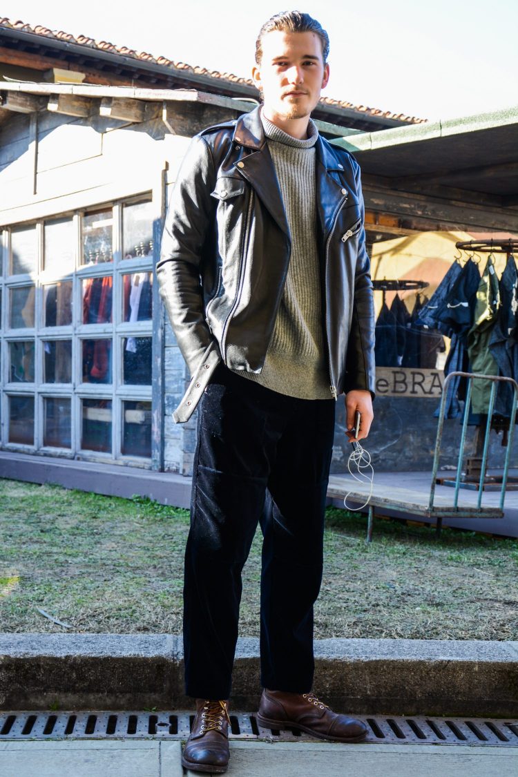 Turtleneck knitwear adds the right amount of dressiness to the rugged rider's jacket coordinate.