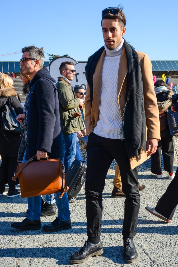 Men's winter coordinate with cable-knit turtleneck knit for a crisp look