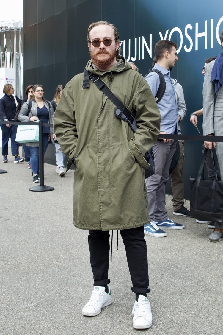 Stan Smith coordinate that links the colors to the mod coat but adds a clean look at the same time.