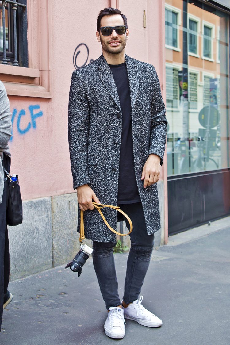 Biker-type black denim for an active look