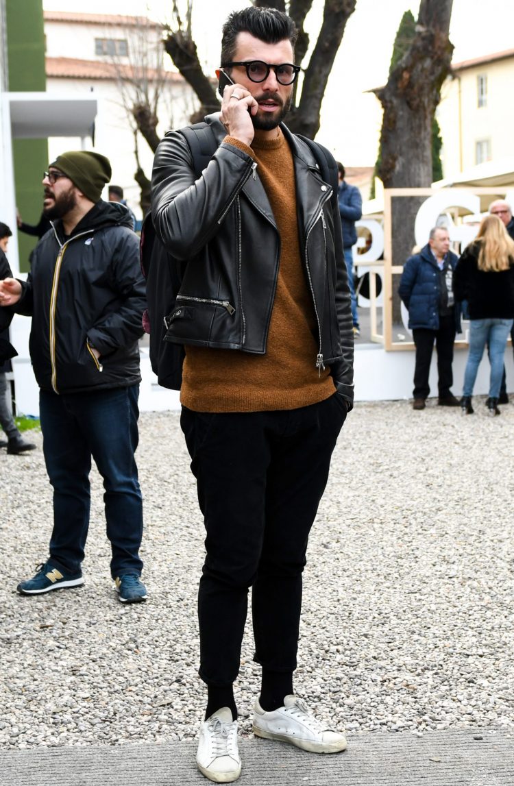 Black and brown style with rider's jacket and brown knit