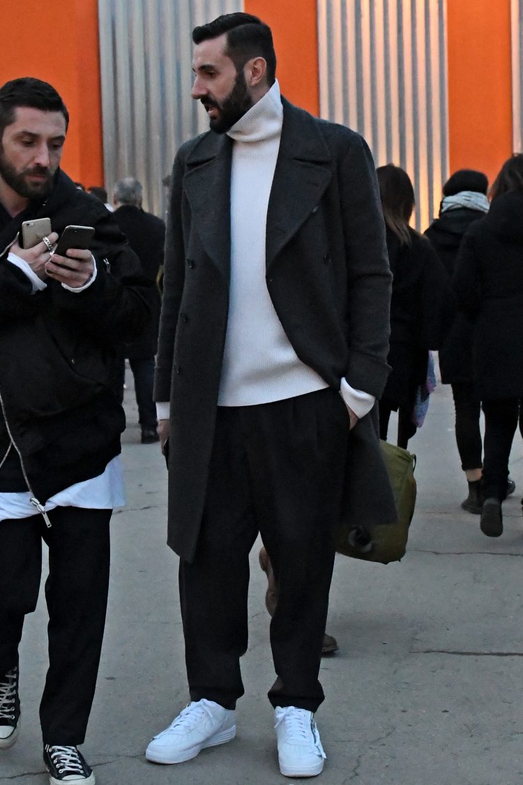 Polo Coat x Wide Pants x White Sneakers