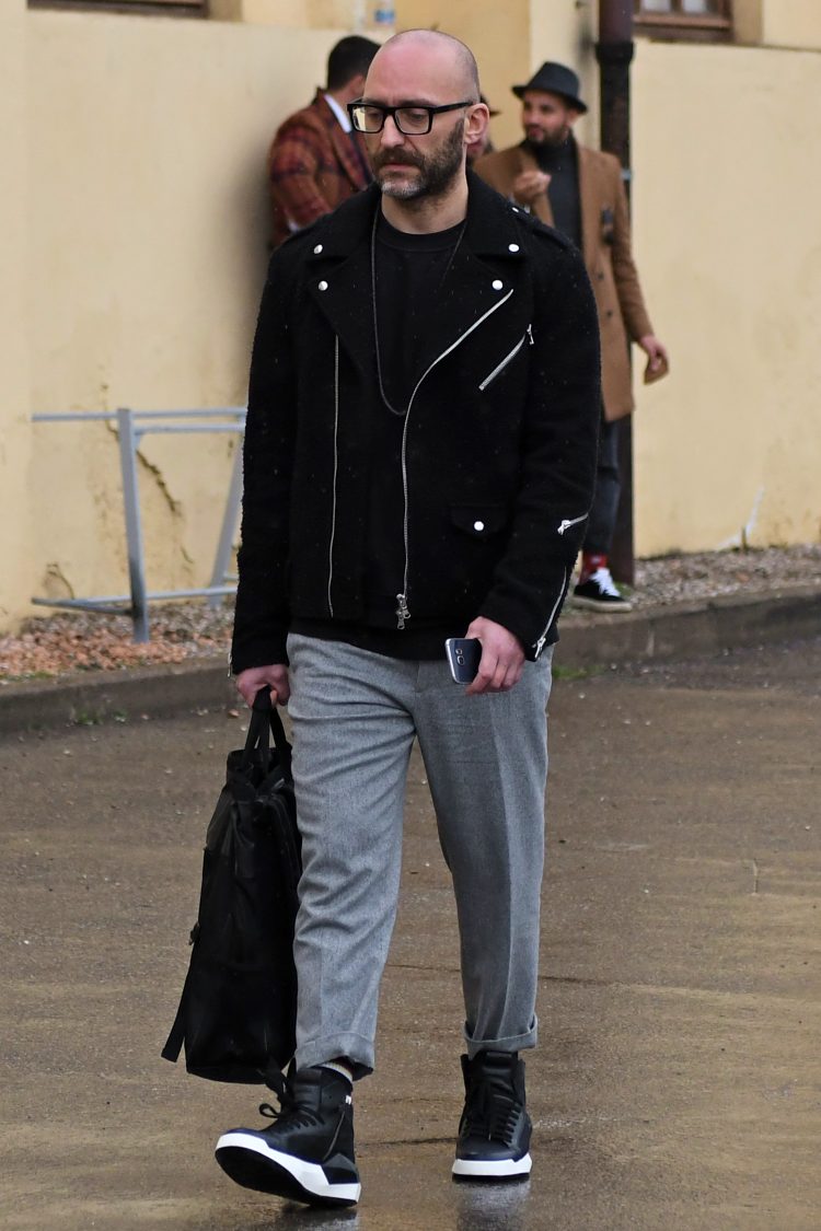 Riders Jacket x Gray Slacks x High Cut Sneakers