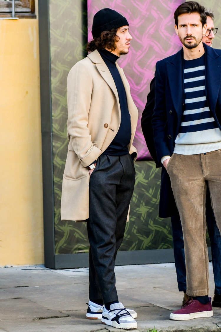Knit Hat x Polo Coat x Pleated Pants