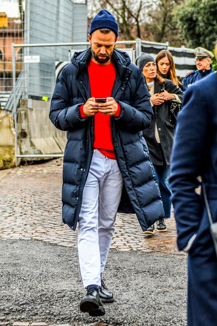 Knit Hat x Down Jacket x White Denim