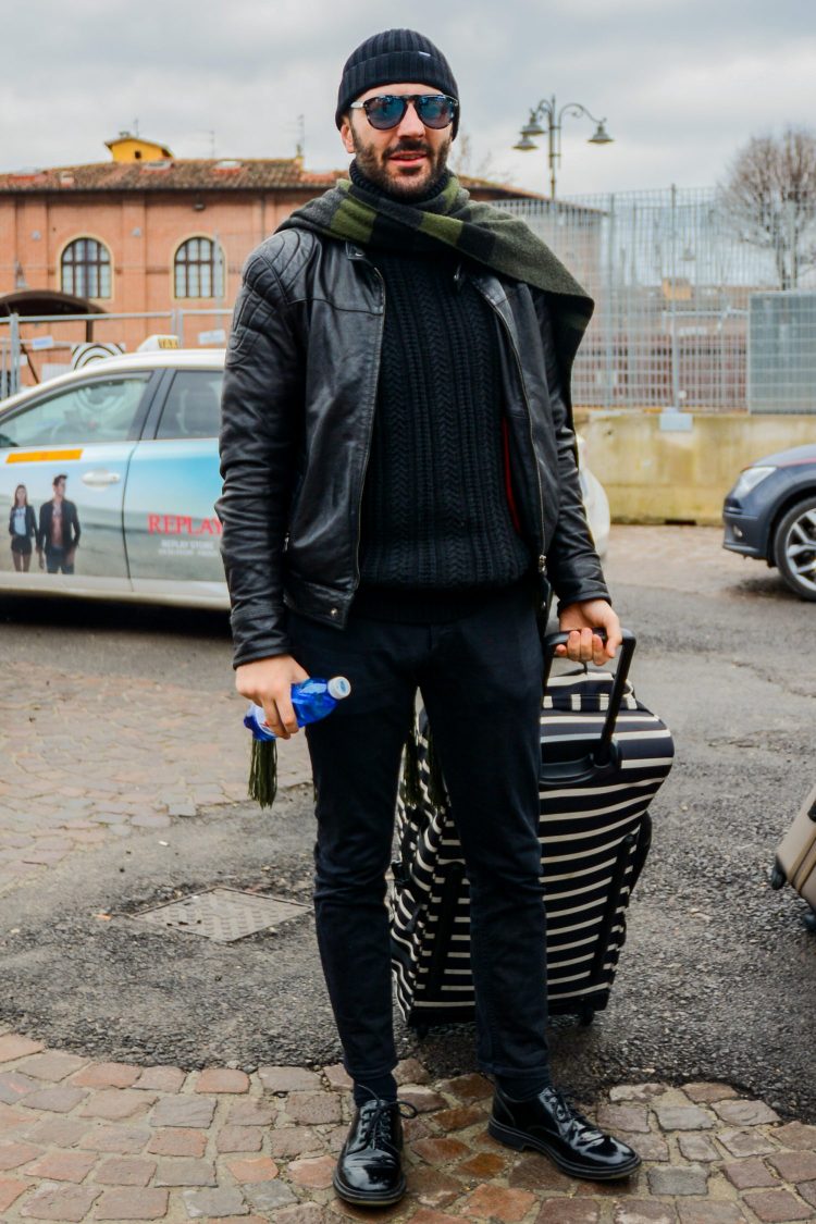 Knit cap x Riders jacket x Leather shoes
