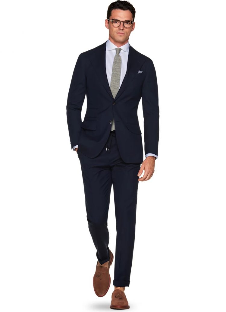 Navy suit and gray tie