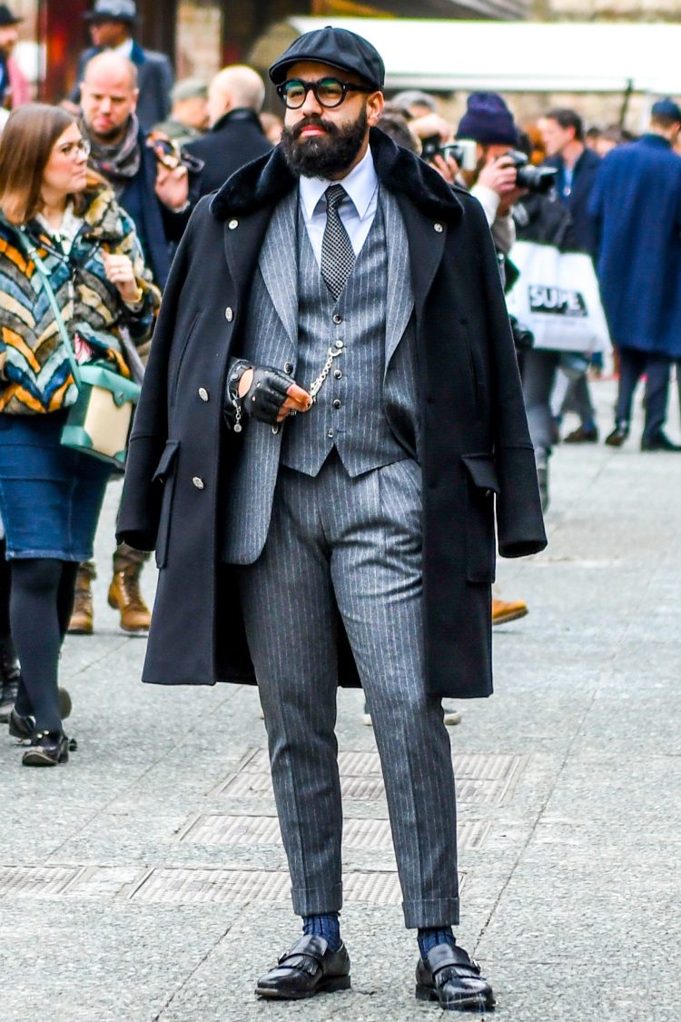 Gray suit style with a rugged look with accessories