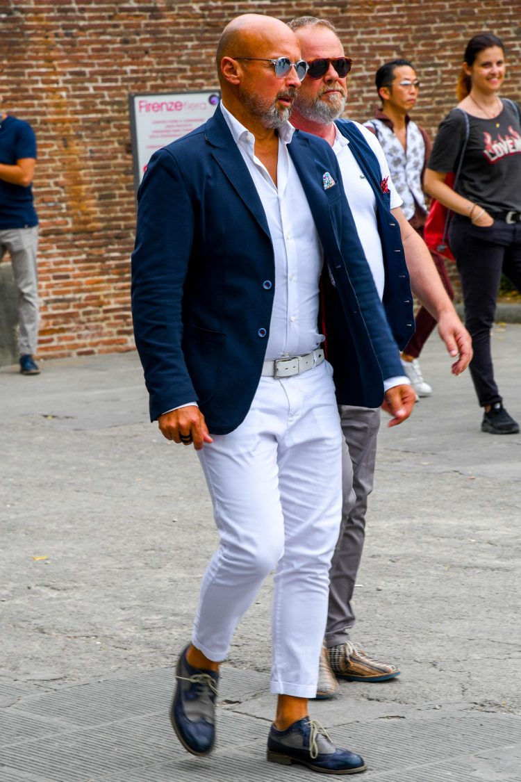Wingtips add a masculine and rugged touch to the fresh white coordinate