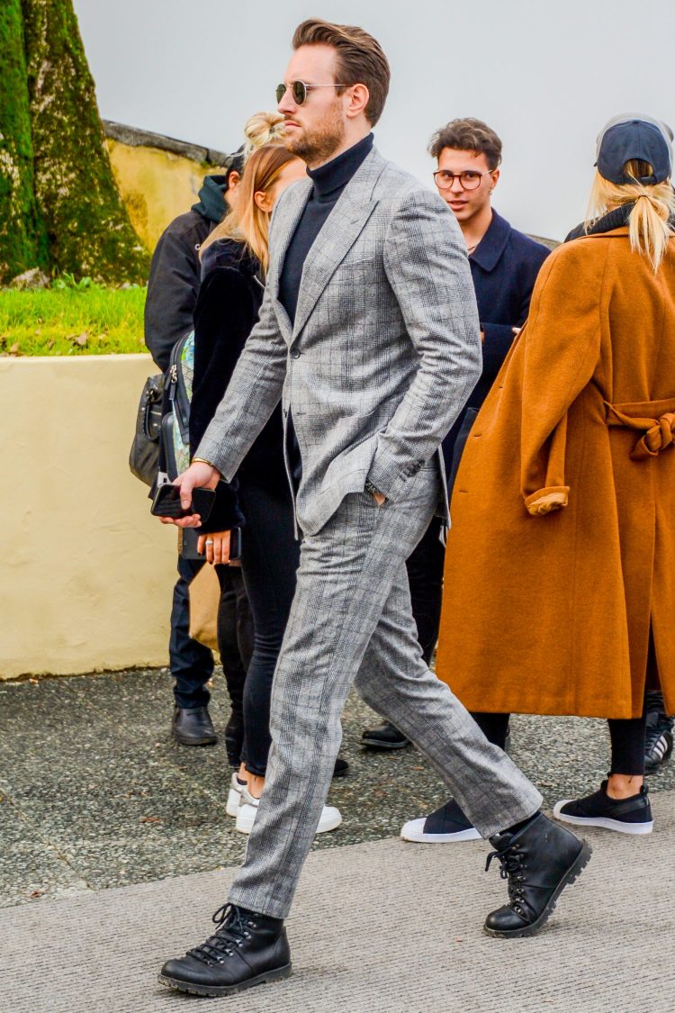 Gray suit with turtleneck knit for a moderately casual look