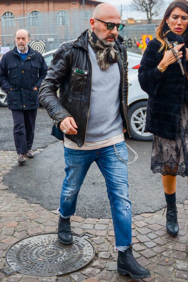 Rugged man's ironclad coordinate combining a rider's jacket and jeans