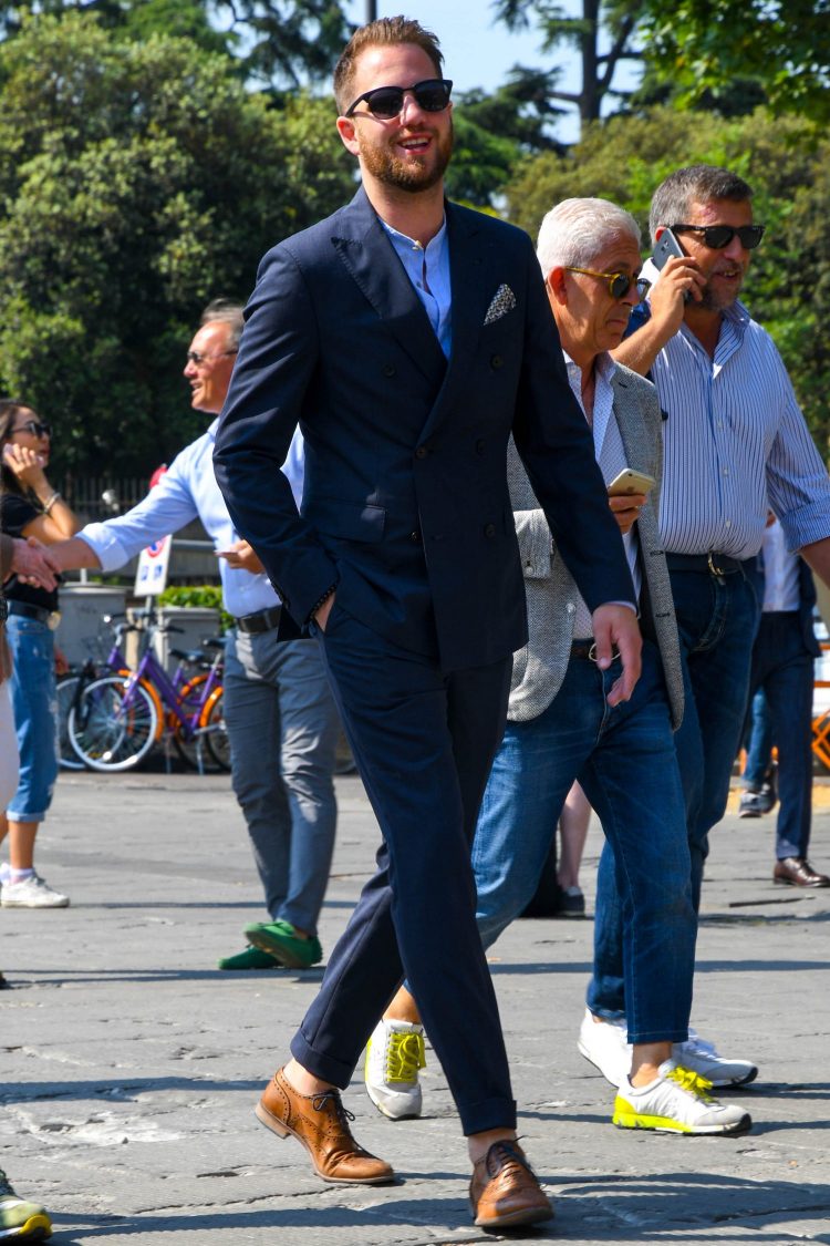 Navy suit and brown wingtips