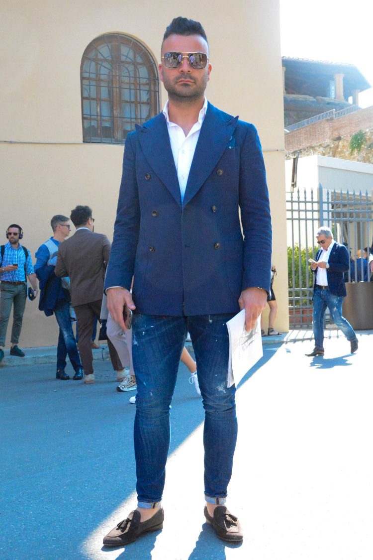 Navy jacket and jeans