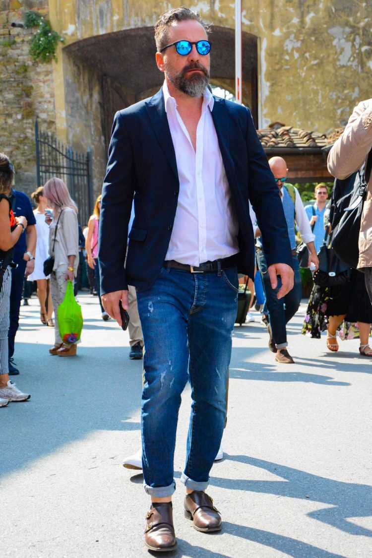 Navy jacket with white shirt and jeans