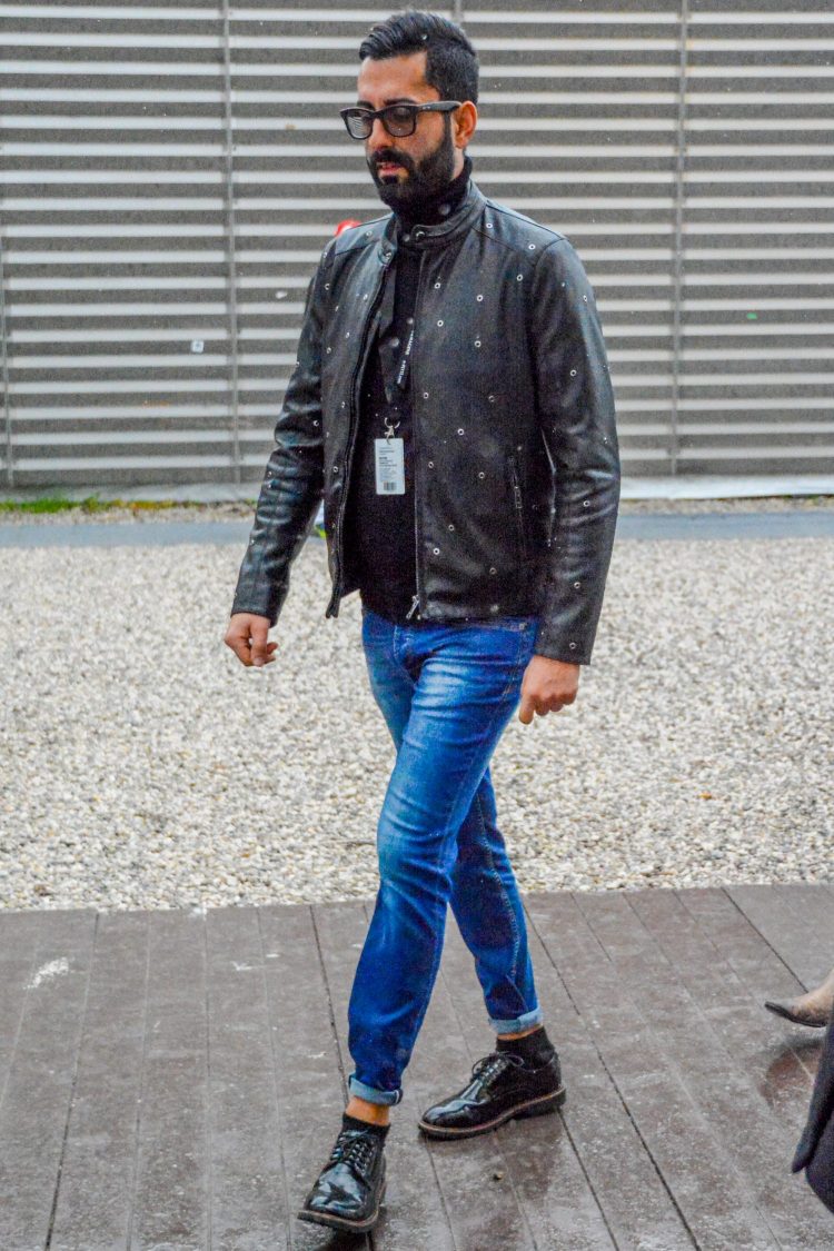 Leather shoes and jeans combination with pin rolls