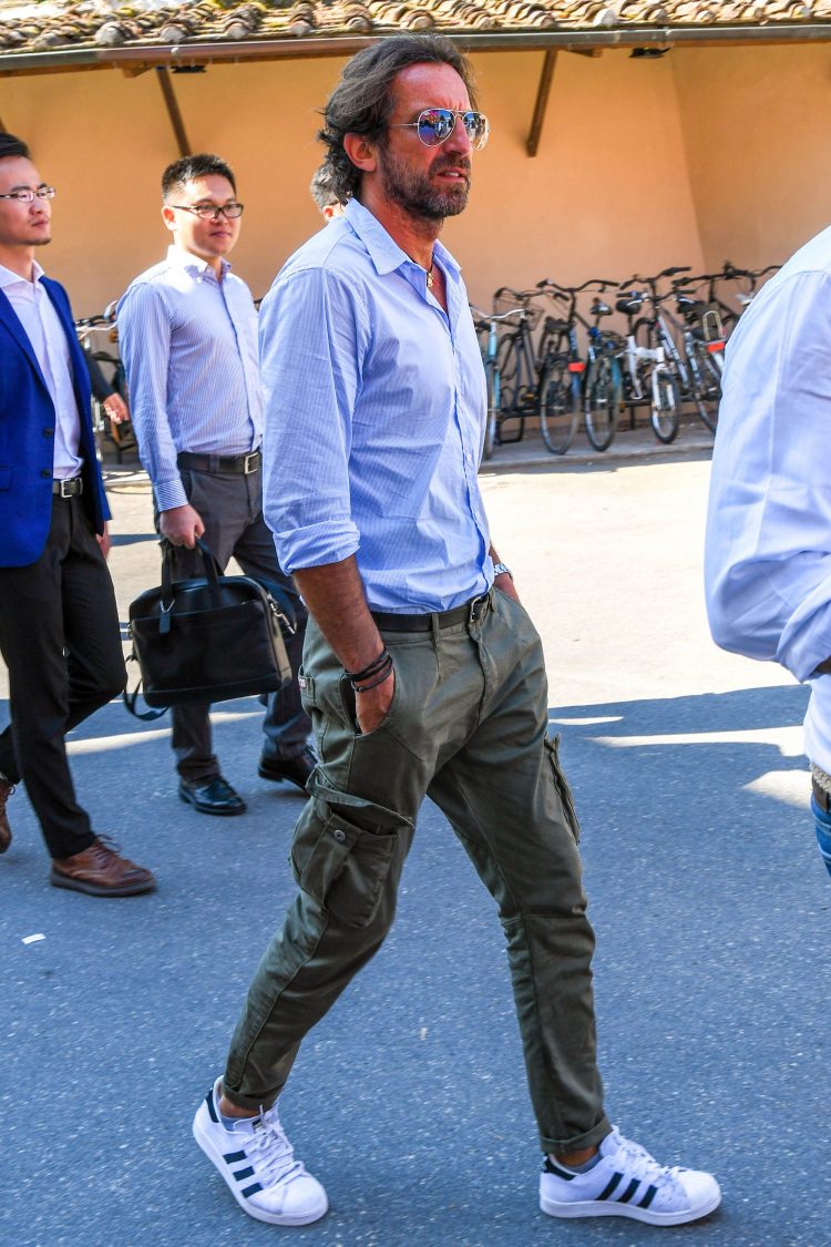Khaki pants with light blue striped shirt for a fresh look