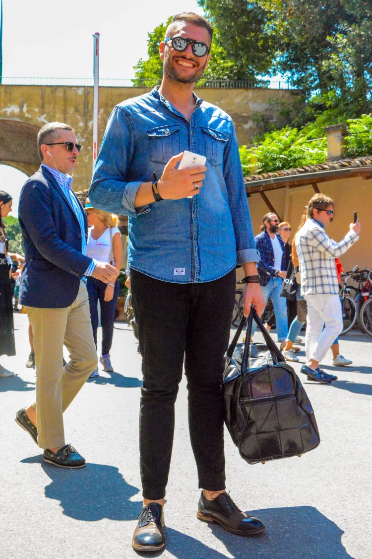 Denim shirt with navy pants