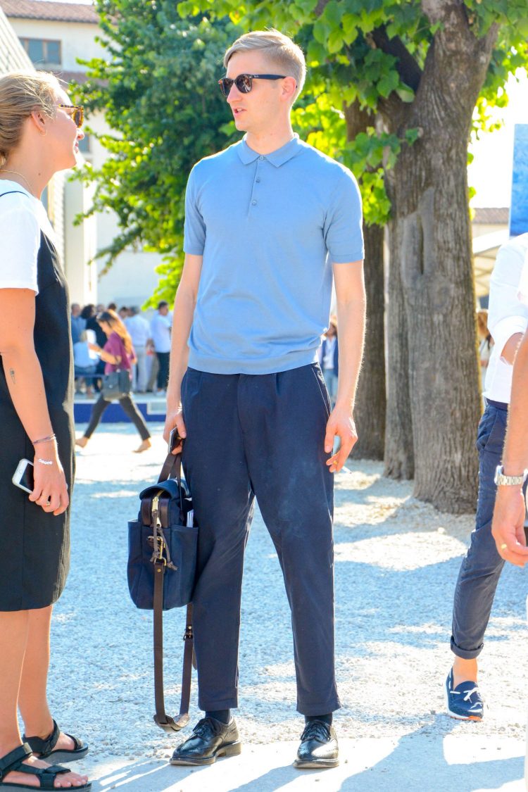 Heavy leather shoes are made to look light with ankle pants.