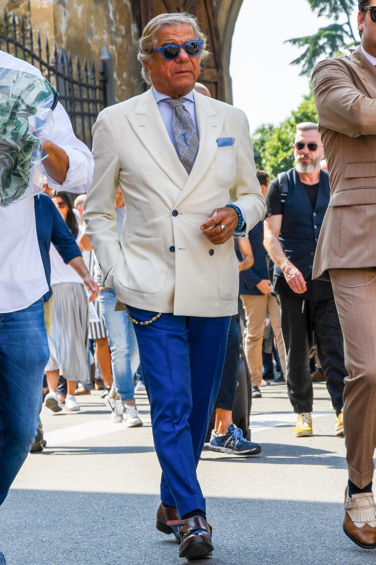 White jacket with colored pants