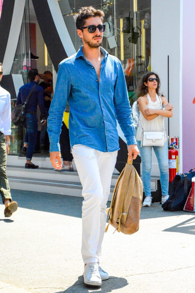 Denim shirts tucked out to enhance the active mood