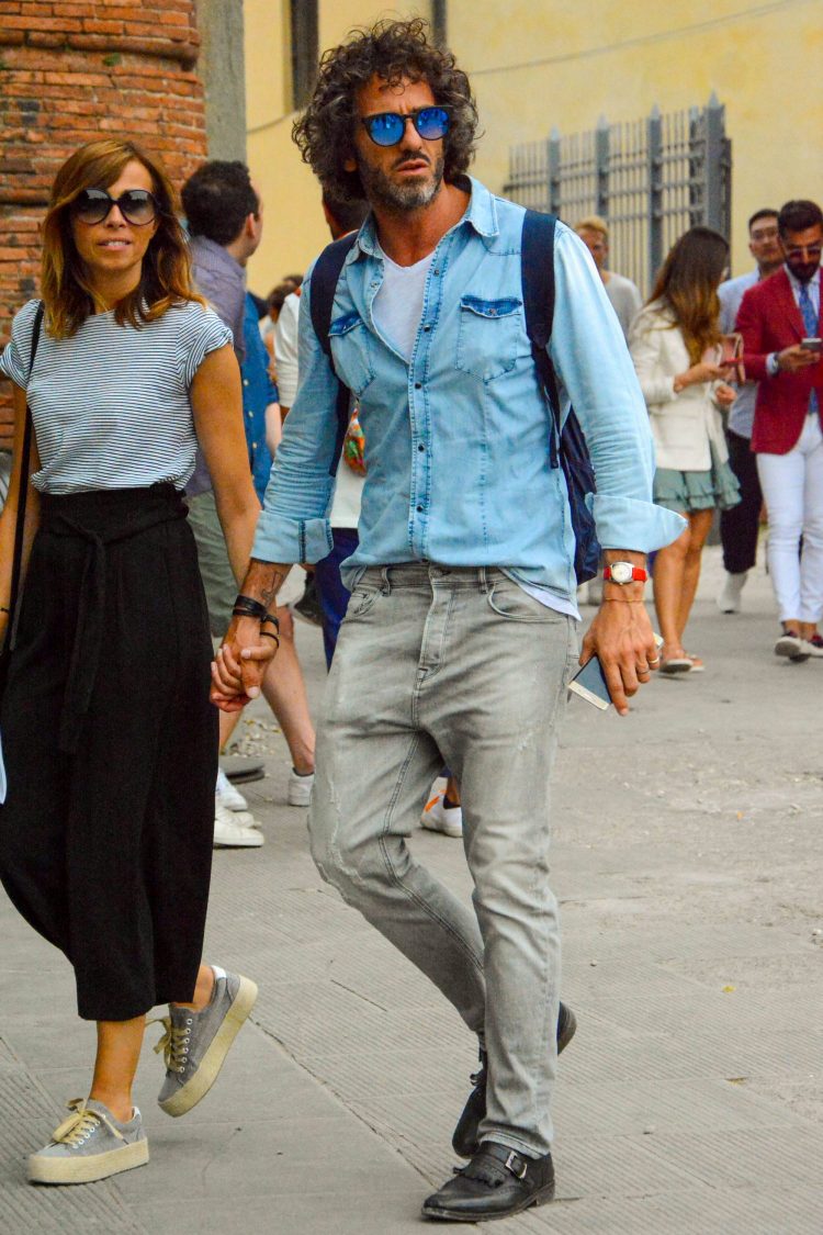 Denim on denim with denim shirt and gray jeans