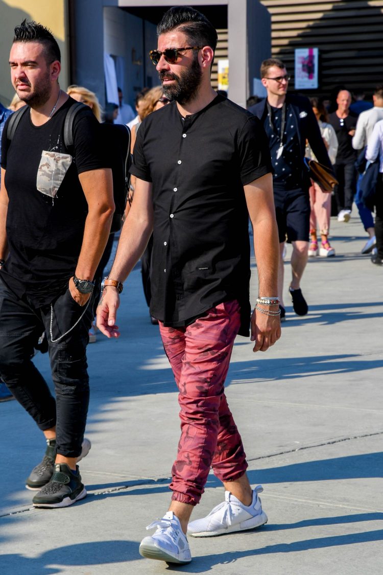 Cool black shirt accented with patterned pants
