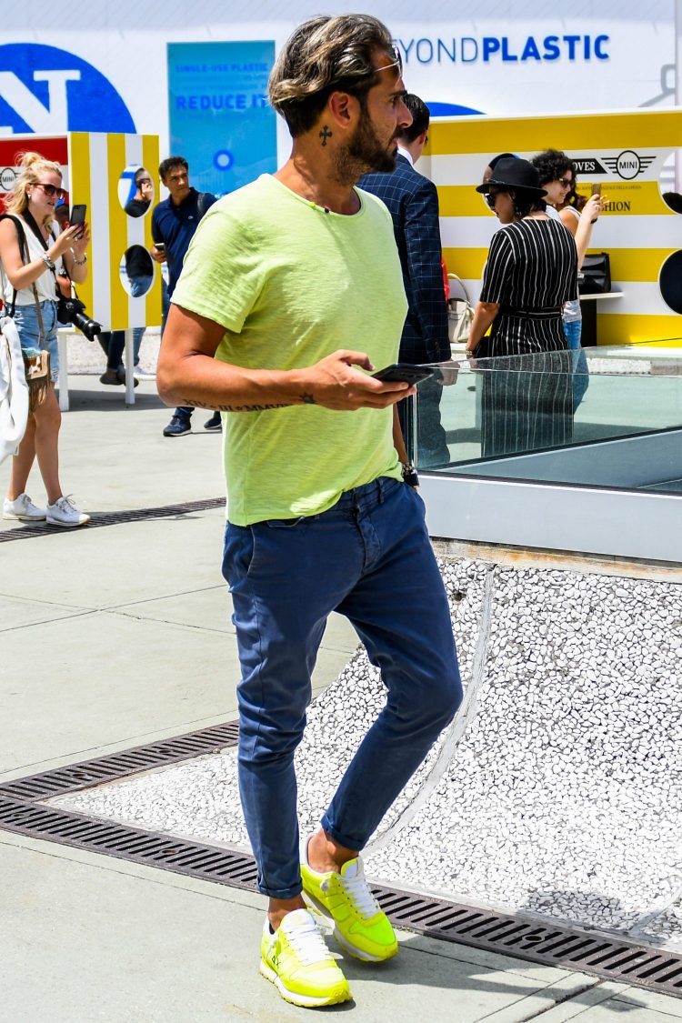 Spice up your look with a neon-colored T-shirt that has a strong presence
