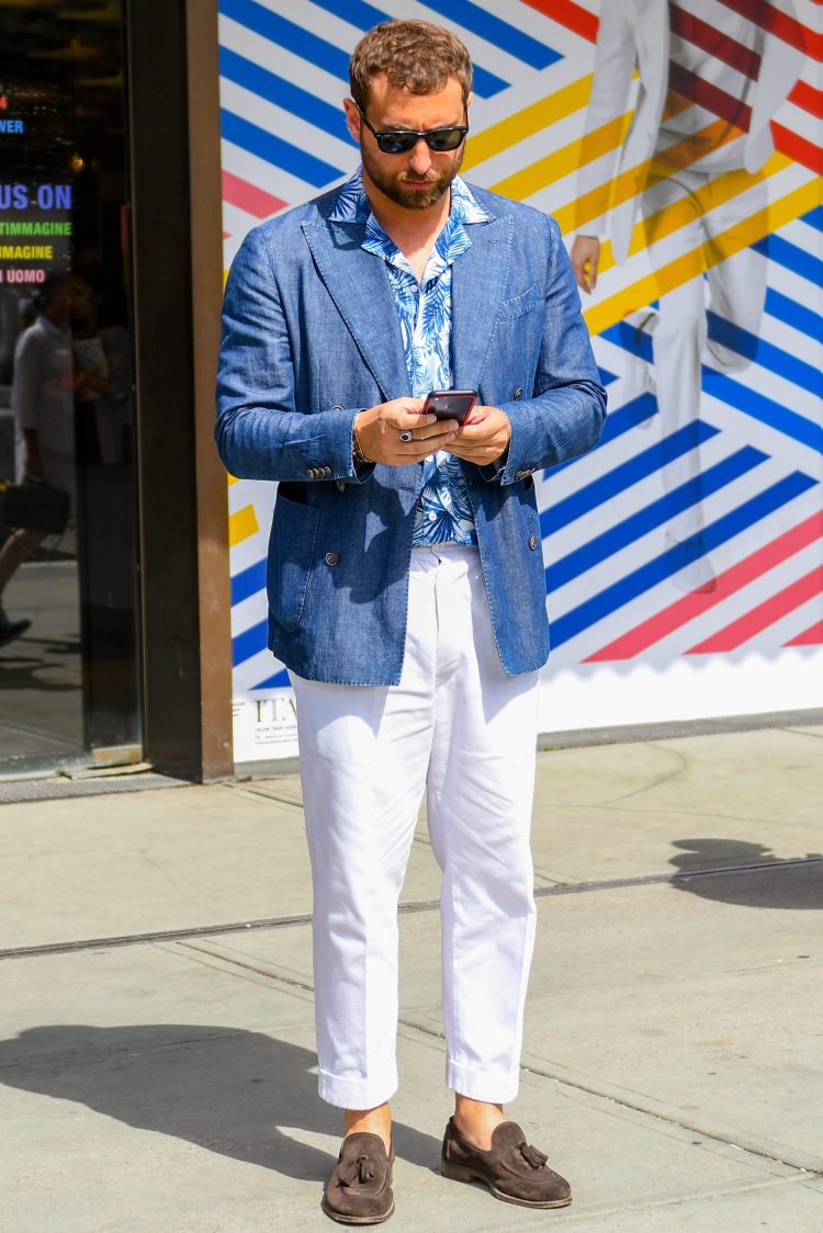 Jacket style with a playful touch added by layered aloha shirt