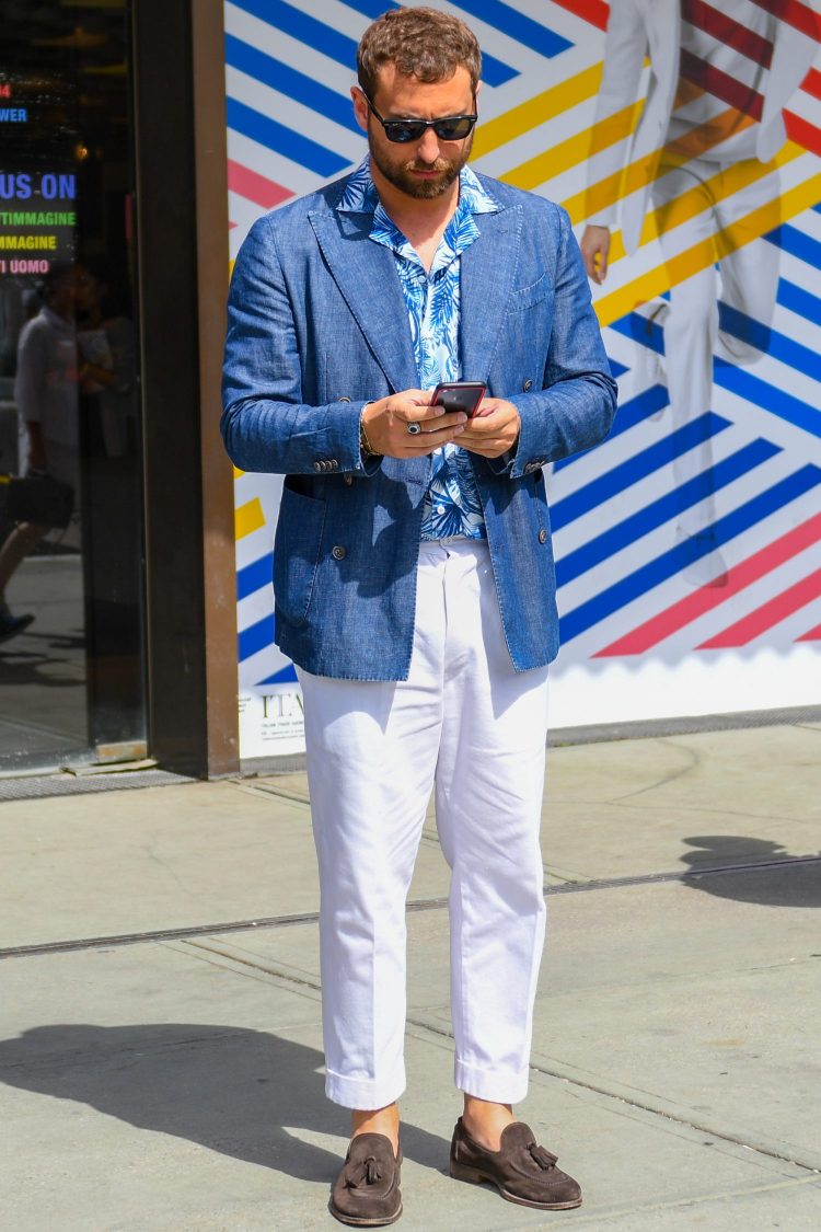Jacket style with a playful touch added by layered open collar aloha shirt