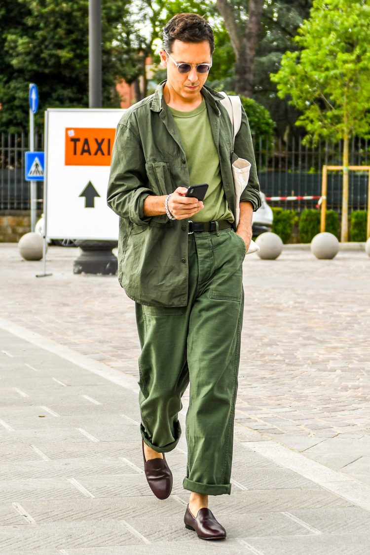 A stylish khaki shirt coordinate in a similar color scheme