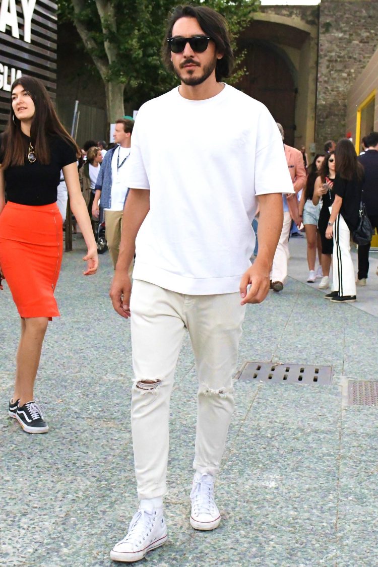 All-white coordinate with drop-shoulder sweatshirt T-shirt for an ethereal look