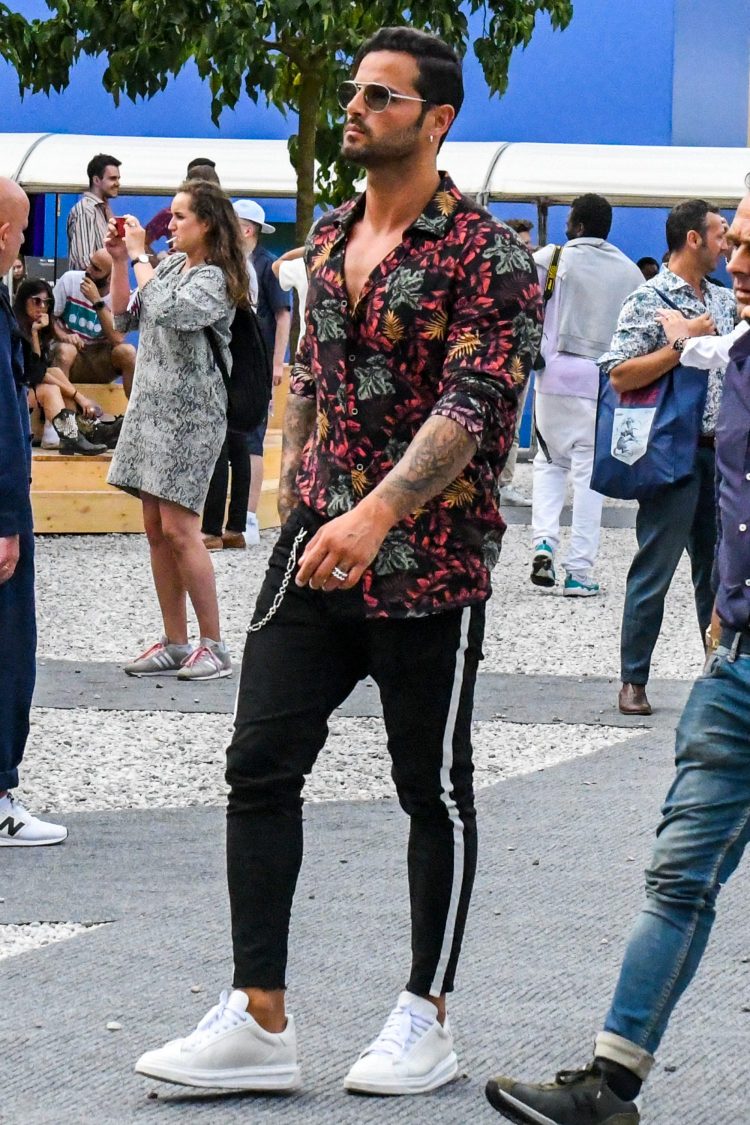 Style mix street coordinate completed with glossy patterned shirt and sideline pants