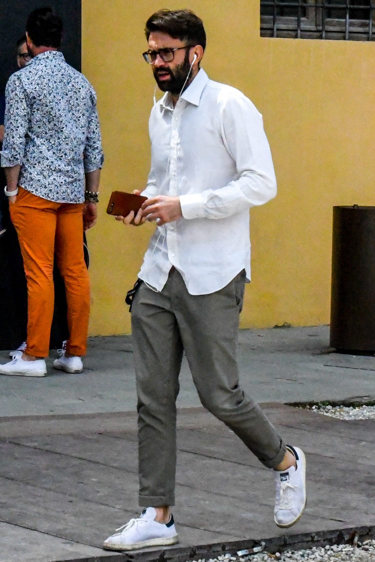 Tuck in a shirt for a rough slacks coordinate