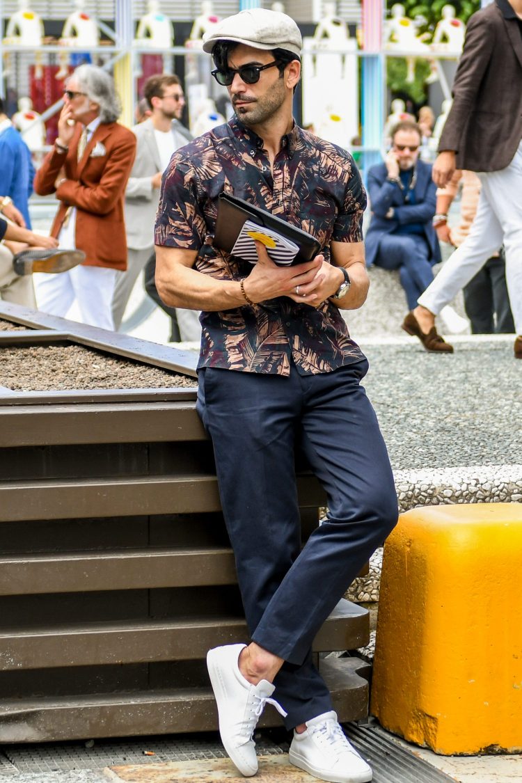 Patterned shirt with slacks for a classy look