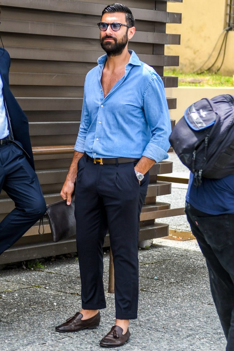 Denim shirt and slacks for a classy coordinate