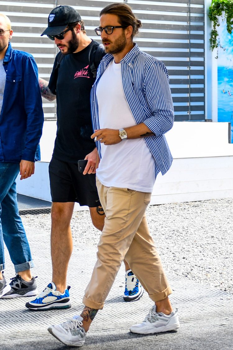 Striped shirts elevate a T-shirt coordinate to a clean look.