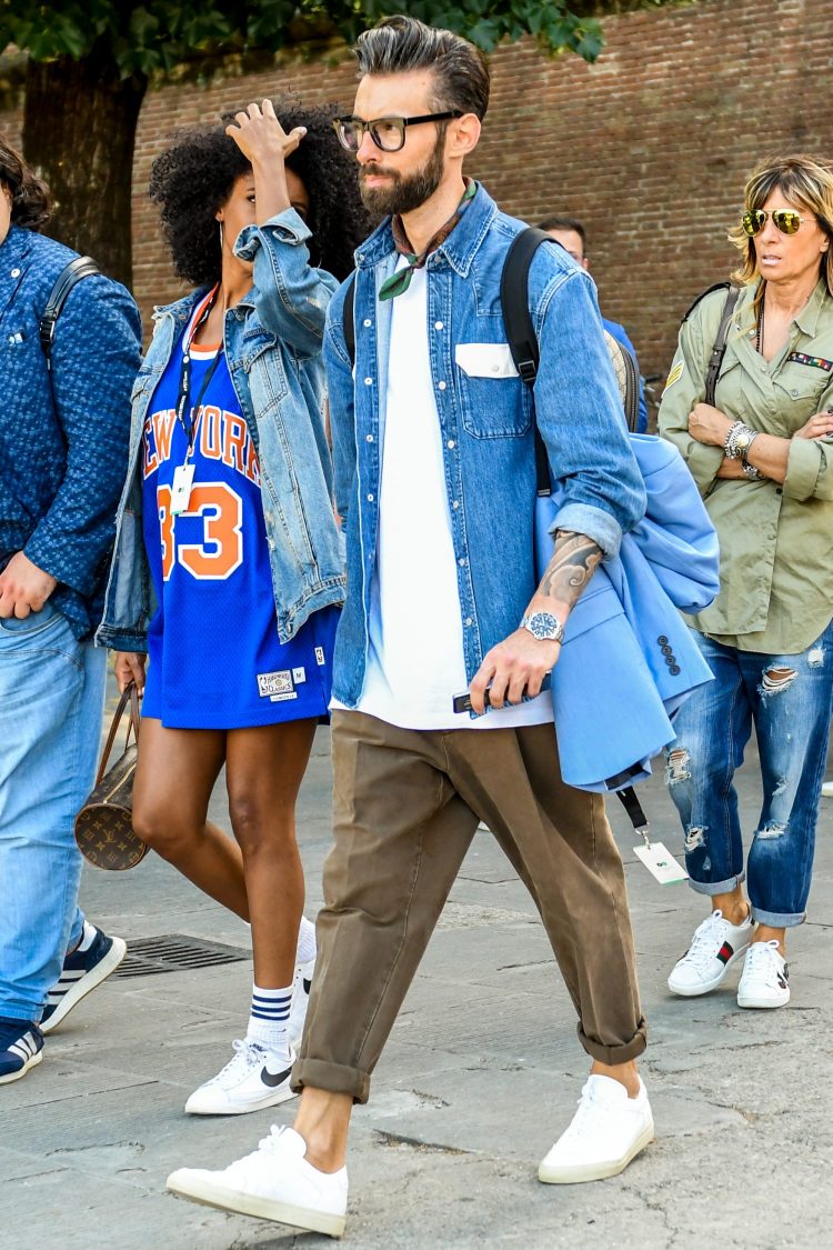 Denim shirt with white T-shirt, scarf, and white chief for a classy look