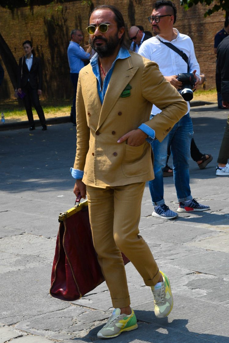 Diadora sneakers in pop colors add a dash of sophistication to elegant suit styles