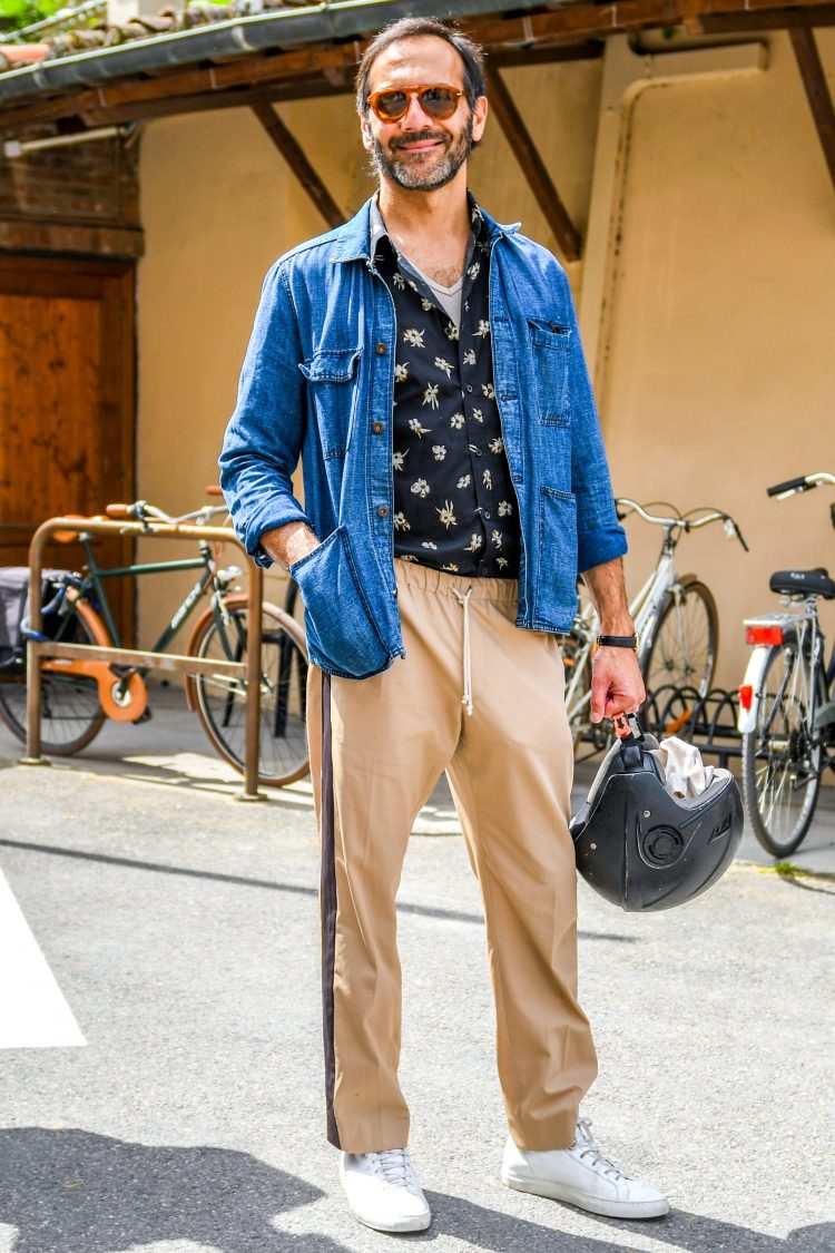 Effortlessly coordinated with a coverall-type shirt jacket and track pants