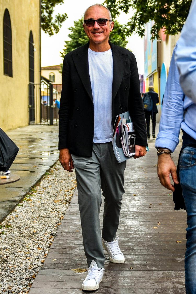 Stylish jackets and sneakers coordinate in basic colors