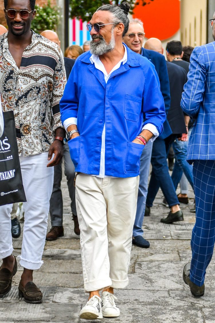 Create a youthful look with a bright blue shirt jacket