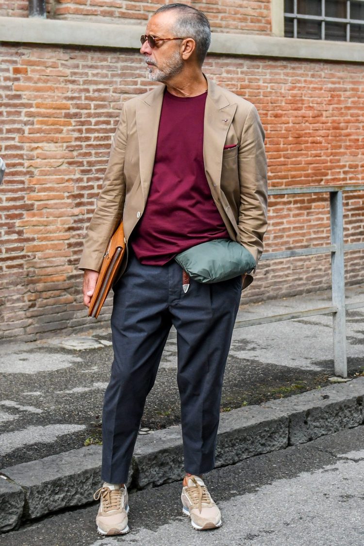 Jackets and sneakers coordinate for a glossy, chic, mature look