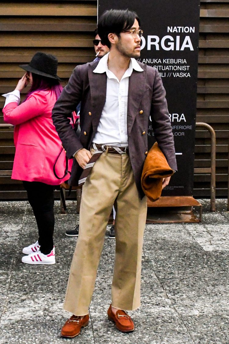 Brown double jacket with unique items to update traditional style