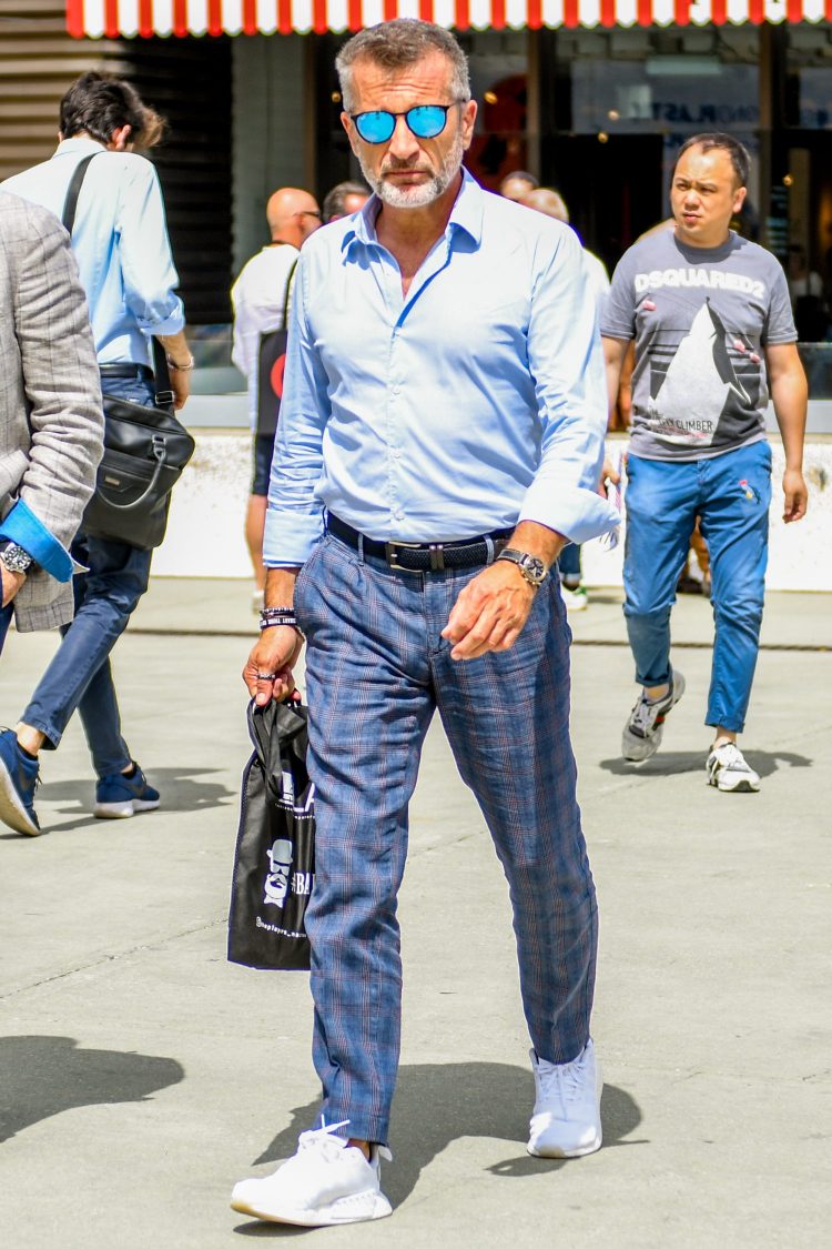 Patterned items are mildly coordinated with plain blue shirts