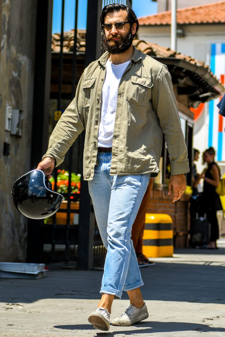 Mild biker style coordinated with khaki shirt jacket
